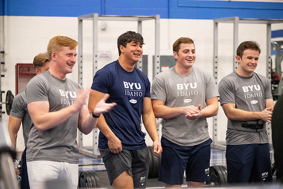 Students compete in Squat Bench and Deadlift challenges. In the BYU-Idaho gym in the Hart Building.