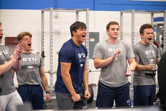 Students compete in Squat Bench and Deadlift challenges. In the BYU-Idaho gym in the Hart Building.