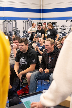 Students compete in Squat Bench and Deadlift challenges. In the BYU-Idaho gym in the Hart Building.