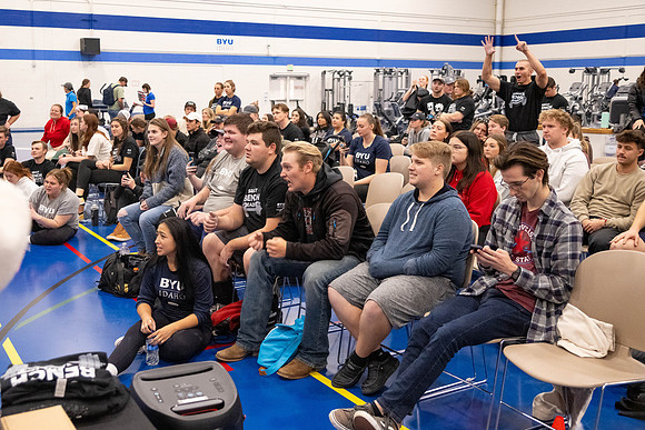 Students compete in Squat Bench and Deadlift challenges. In the BYU-Idaho gym in the Hart Building.