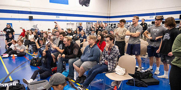 Students compete in Squat Bench and Deadlift challenges. In the BYU-Idaho gym in the Hart Building.