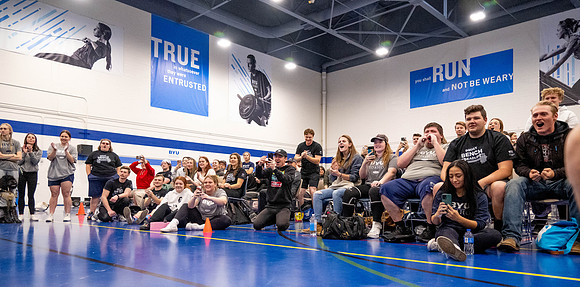Students compete in Squat Bench and Deadlift challenges. In the BYU-Idaho gym in the Hart Building.