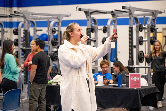 Students compete in Squat Bench and Deadlift challenges. In the BYU-Idaho gym in the Hart Building.