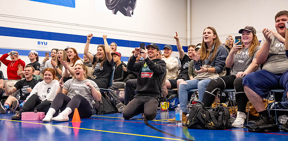 Students compete in Squat Bench and Deadlift challenges. In the BYU-Idaho gym in the Hart Building.