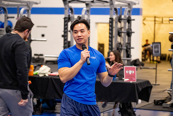 Students compete in Squat Bench and Deadlift challenges. In the BYU-Idaho gym in the Hart Building.