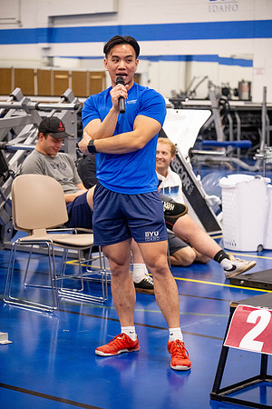 Students compete in Squat Bench and Deadlift challenges. In the BYU-Idaho gym in the Hart Building.