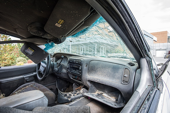 Drive Safe campaign. Wrecked car on BYU-Idaho campus reminding students to drive safe.