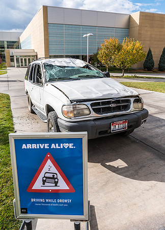 Drive Safe campaign. Wrecked car on BYU-Idaho campus reminding students to drive safe.