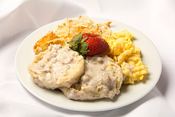 Scrambled eggs, choice of meat: Sausage Patties, Link Sausage, Bacon or Ham. Served with Hash Browns and Baker's Choice of Pastry.