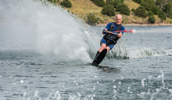 Waterskiing at Ririe Reservoir with BYU-Idaho's President Henry J Eyring. Video shoot for his Fall semester devotional promo video. - Aug 2019