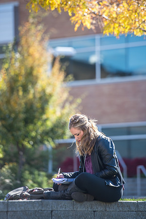 Student studying in between classes near the library.