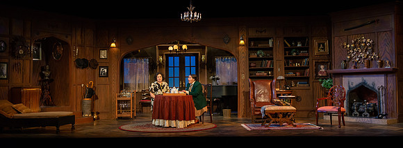 Drama dress rehearsal for the Blithe Spirit play in the Snow theater.