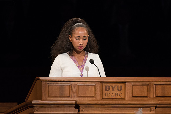 BYU-Idaho Devotional. Student sharing a Scripture. Fall Semester.