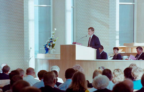 President David A. Bednar speaks to faculty in the Taylor chapel.