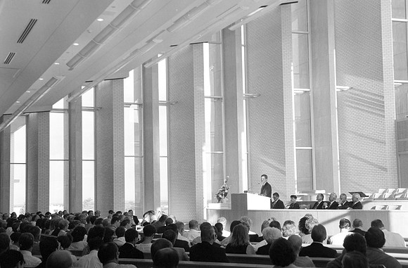 President David A. Bednar speaks to faculty in the Taylor chapel.