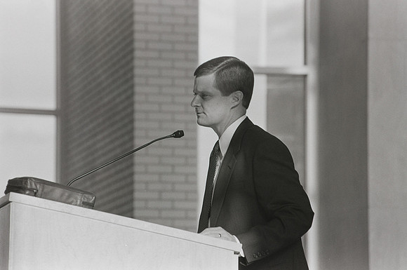 President David A. Bednar speaks to faculty in the Taylor building.