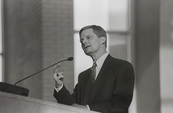 President David A. Bednar speaks to faculty in the Taylor building.