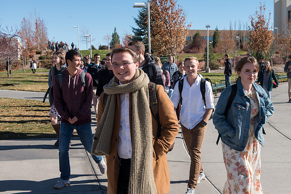 Students gather in the BYU-Idaho Center for a devotional with President Dallin Oaks.