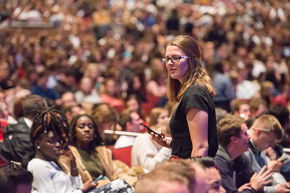 Students gather in the BYU-Idaho Center for a devotional with President Dallin Oaks.