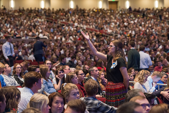 Students gather in the BYU-Idaho Center for a devotional with President Dallin Oaks.