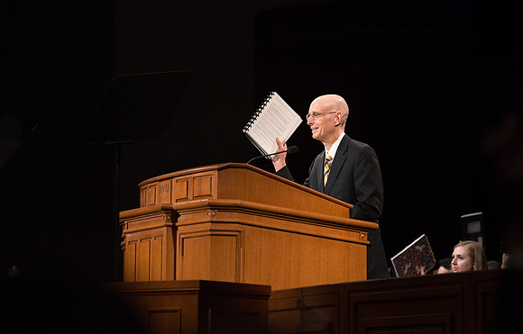 President Henry J Eyring welcomes students to devotional.