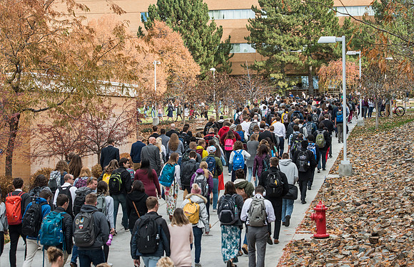 Students depart the BYU-Idaho Center after devotional with Pres. Dallin H. Oaks.