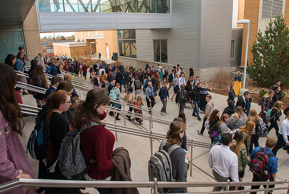 Students depart the BYU-Idaho Center after devotional with Pres. Dallin H. Oaks.