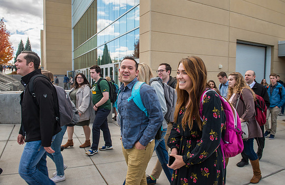 Students depart the BYU-Idaho Center after devotional with Pres. Dallin H. Oaks.