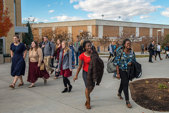 Students depart the BYU-Idaho Center after devotional with Pres. Dallin H. Oaks.