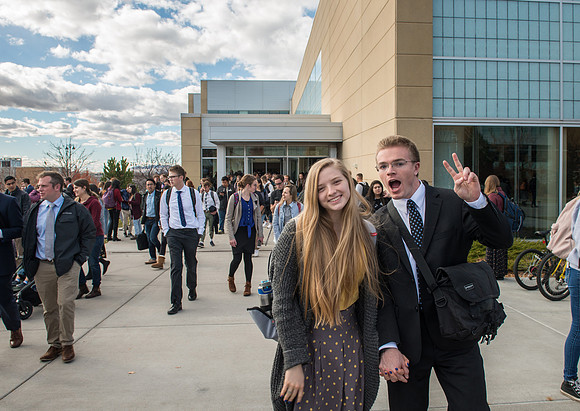 Students depart the BYU-Idaho Center after devotional with Pres. Dallin H. Oaks.
