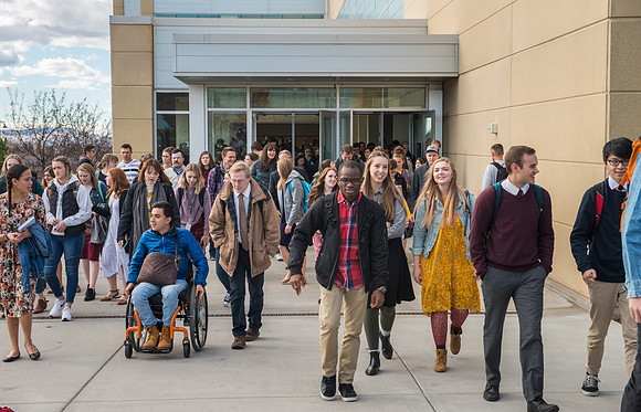 Students depart the BYU-Idaho Center after devotional with Pres. Dallin H. Oaks.