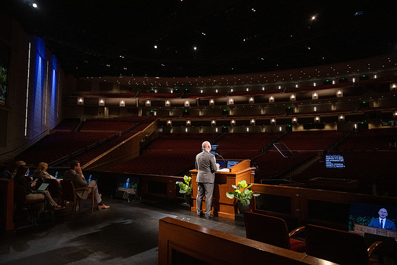 Devotional rehearsal for President Meredith in the BYUI Center.
