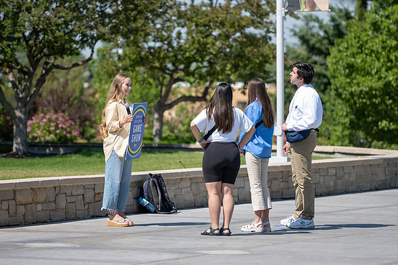 Admissions hosts a game show in the Taylor Quad. Video team behind the scenes.