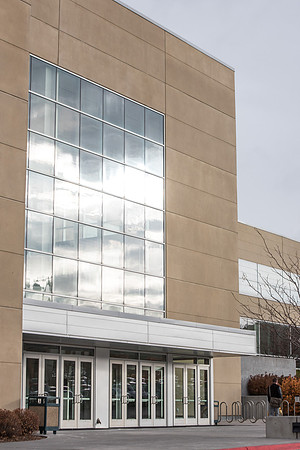 Clouds reflecting in the windows of the I-Center.