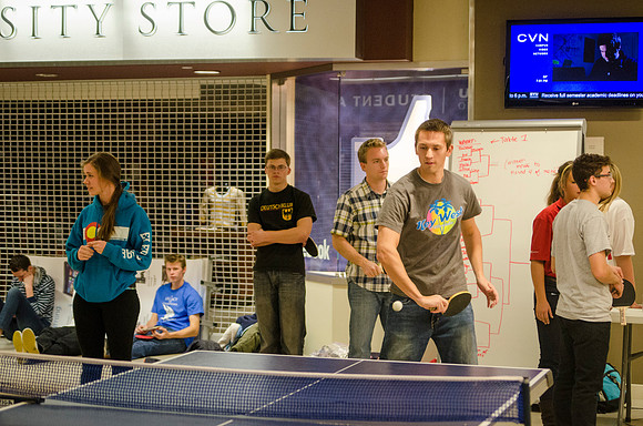 BYU-Idaho students participate in a ping pong tournament held in the Manwaring Center