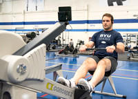 A student using the rowing machine at the Hart Fitness Center.