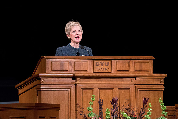 Sister Jean B. Bingham, Relief Society General President, speaks at the devotional.