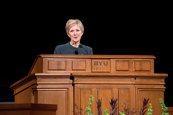 Sister Jean B. Bingham, Relief Society General President, speaks at the devotional.