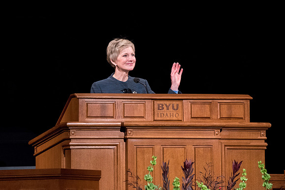 Sister Jean B. Bingham, Relief Society General President, speaks at the devotional.