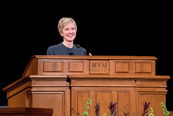 Sister Jean B. Bingham, Relief Society General President, speaks at the devotional.