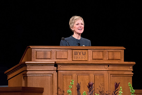 Sister Jean B. Bingham, Relief Society General President, speaks at the devotional.