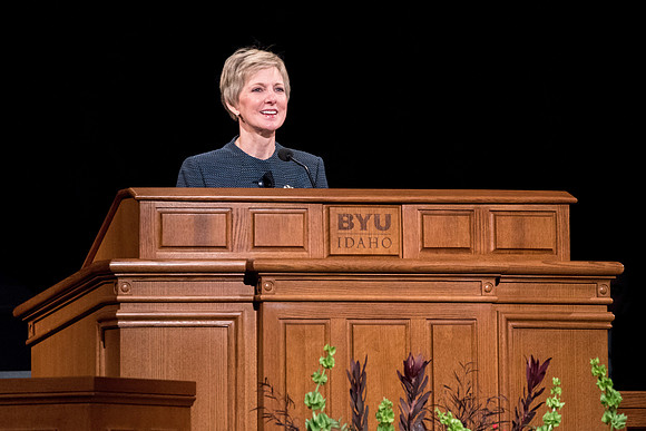 Sister Jean B. Bingham, Relief Society General President, speaks at the devotional.