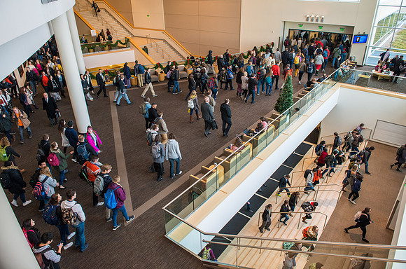 Students leaving the BYU-Idaho Center after devotional.