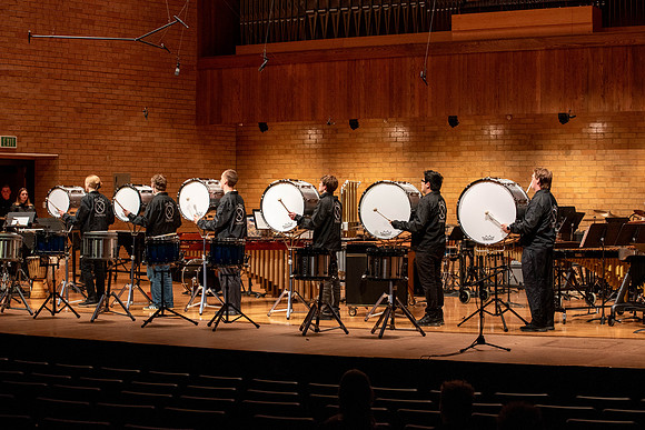 Students in percussion classes perform peices in the Rix Stix Concert, in the Barrus Performance Center in the snow building.