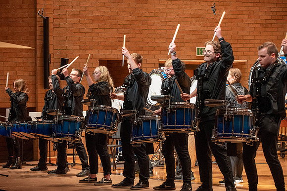 Students in percussion classes perform peices in the Rix Stix Concert, in the Barrus Performance Center in the snow building.