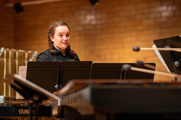 Students in percussion classes perform peices in the Rix Stix Concert, in the Barrus Performance Center in the snow building.