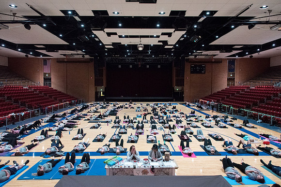Students participate in the Yogathon activity at Hart building. BYU-I yoga instructors on campus are teaming up for 2 hours of meditation, relaxation, poses and much more.