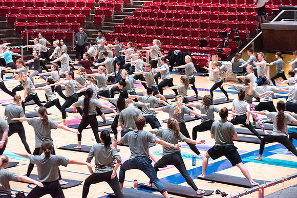 Students participate in the Yogathon activity at Hart building. BYU-I yoga instructors on campus are teaming up for 2 hours of meditation, relaxation, poses and much more.