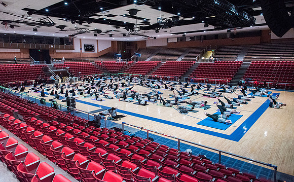 Students participate in the Yogathon activity at Hart building. BYU-I yoga instructors on campus are teaming up for 2 hours of meditation, relaxation, poses and much more.