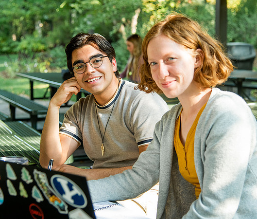 Students studying in the Ricks gardens.